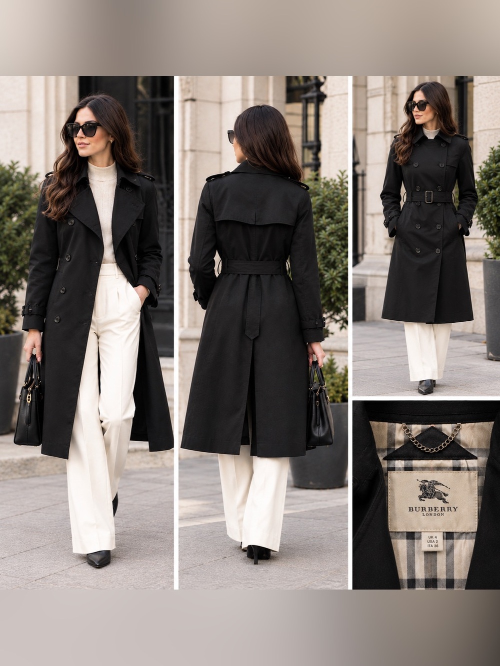 Burberry London Black 100% Cotton Gabardine Trench Coat Made in England Size 2
